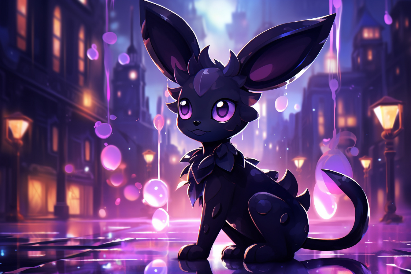 Umbreon nightlife, Cosmopolitan setting, Celestial creature, Olive gaze, Observant position, HD Desktop Wallpaper