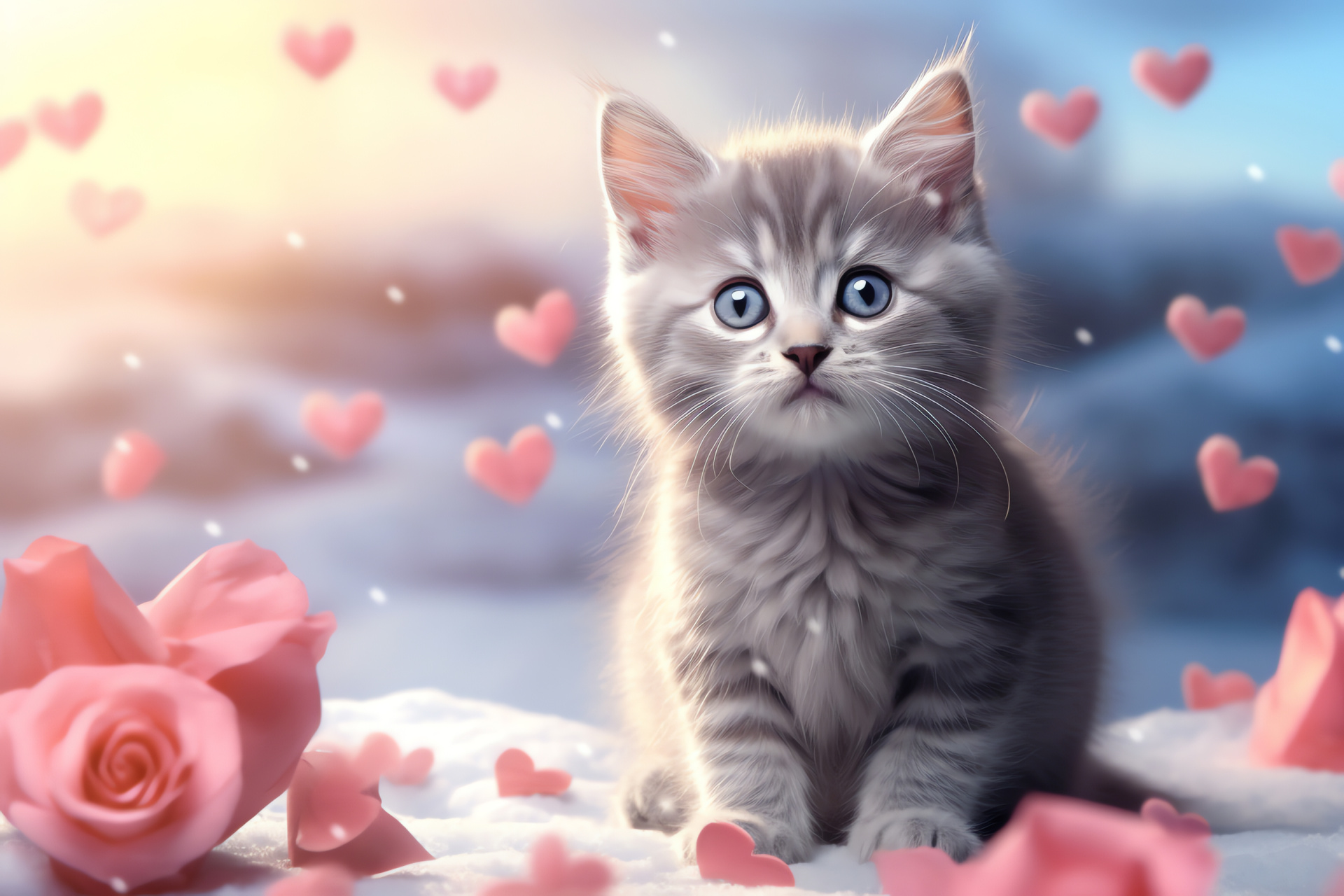 Valentine kitten, holiday theme, wintry scenery, feline tracks, thick coat, HD Desktop Wallpaper