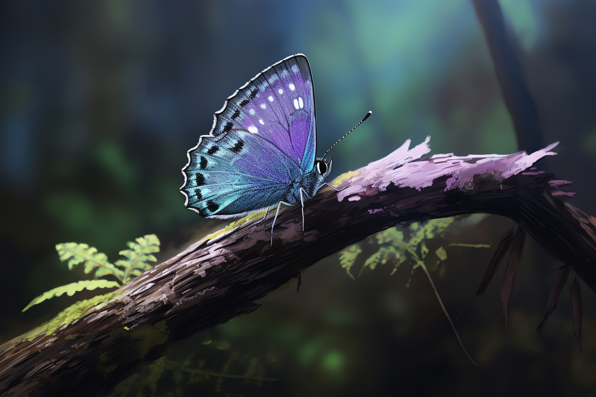 Purple Hairstreak portrait, vibrant lepidoptera, forest solitude, contrastive marking, HD Desktop Wallpaper