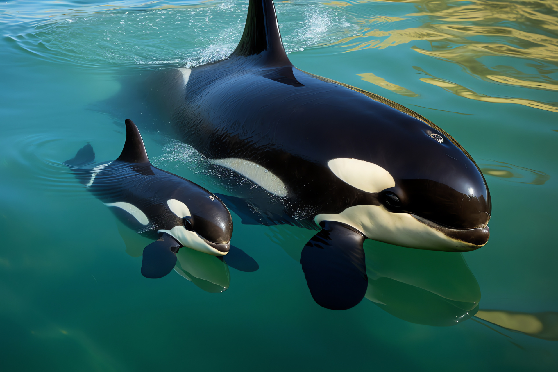 Orca pod, aquatic mammal, marine habitat, offspring interaction, maternal affection, HD Desktop Wallpaper