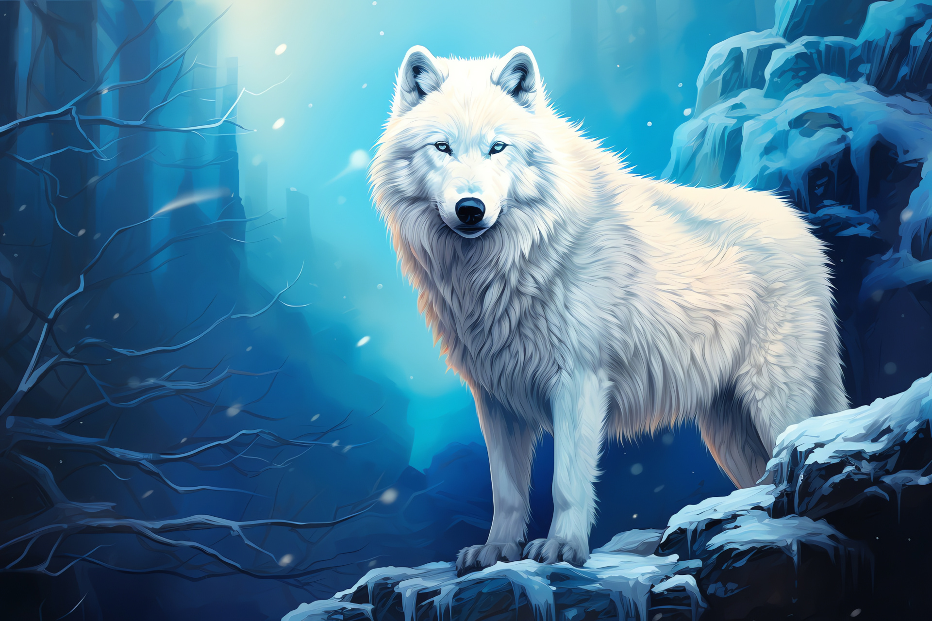 Tundra canine, Cobalt oculars, Insulating fur layer, Ivory landscape, Boreal timberland, HD Desktop Wallpaper