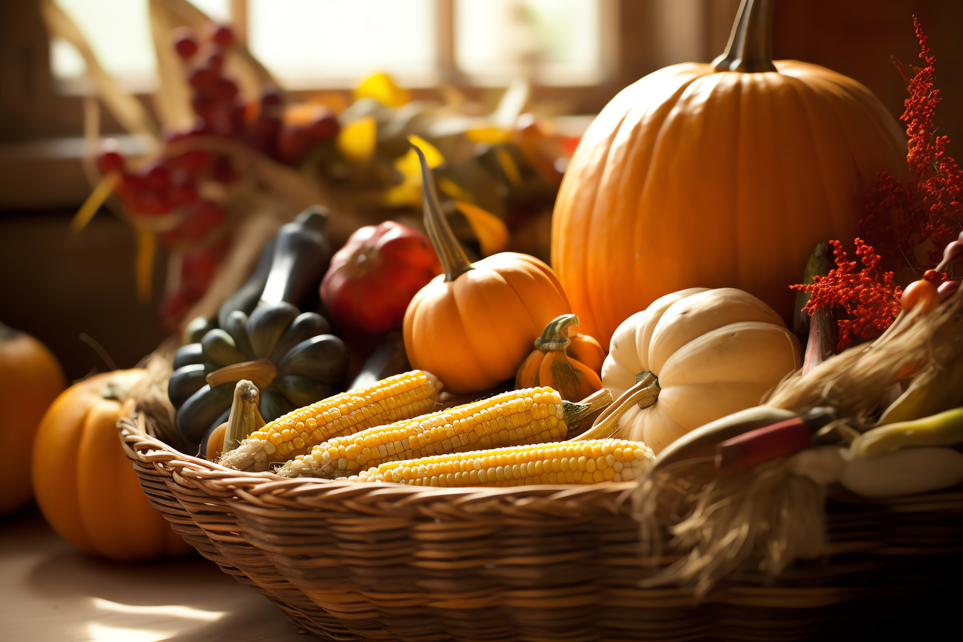 Thanksgiving abundance, cornucopia symbol, woven straw basket, seasonal harvest, bountiful tradition, HD Desktop Wallpaper