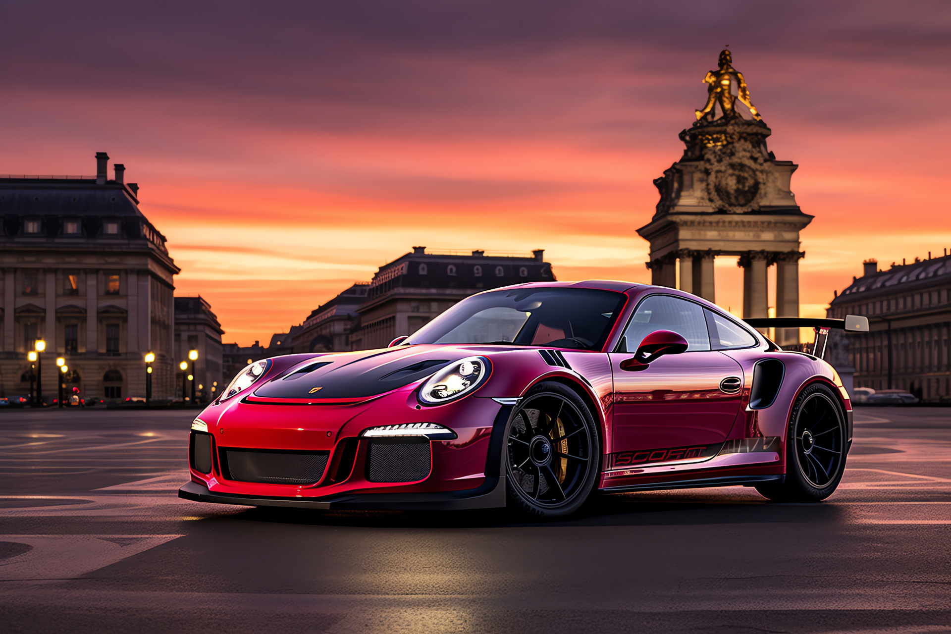 Porsche 911 GT3 RS, Parisian streets, Arc de Triomphe, German sports car, Performance vehicle, HD Desktop Wallpaper