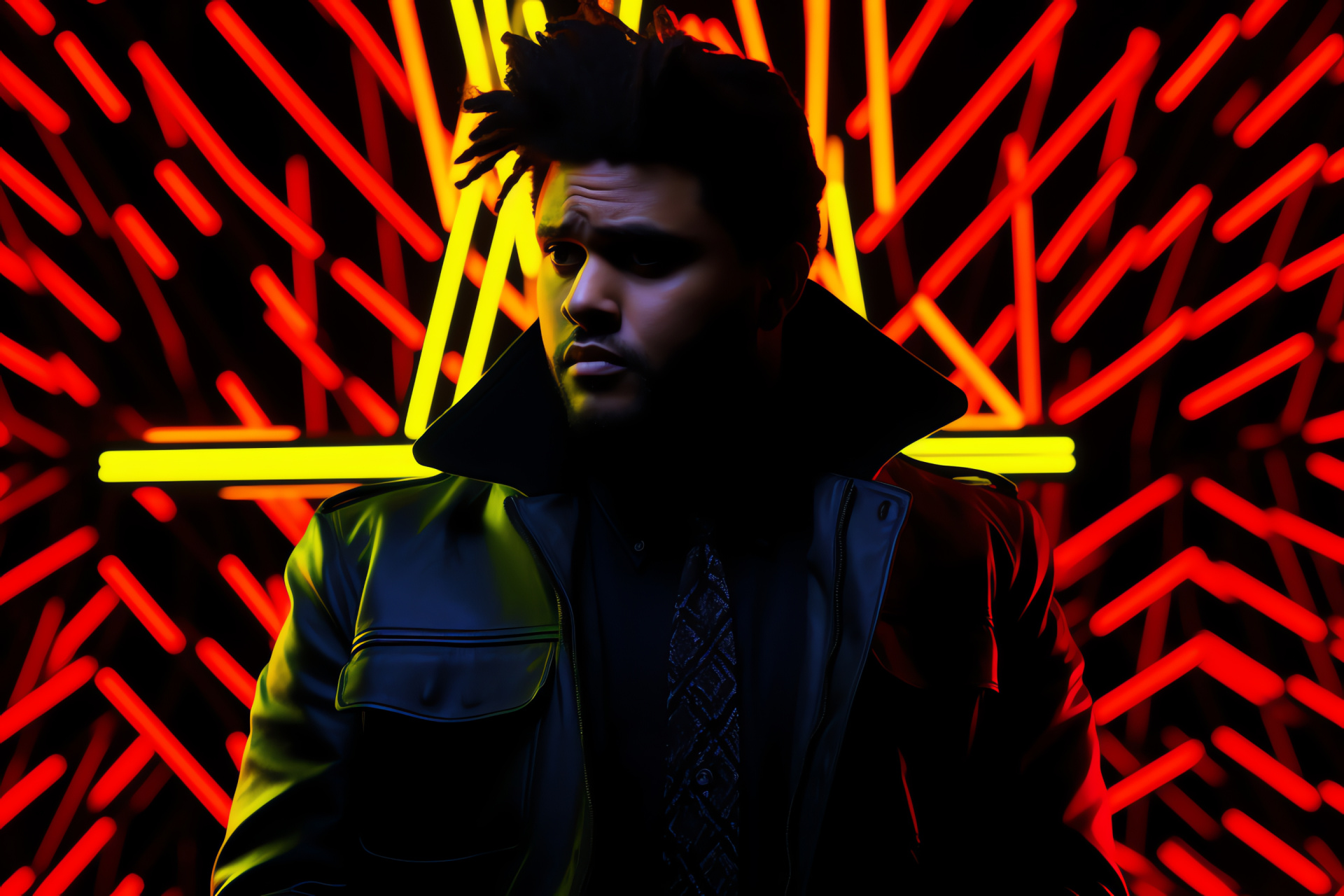 Iconic The Weeknd, Signature look, Artist's hair, Mysterious figure, Performer's stare, HD Desktop Wallpaper