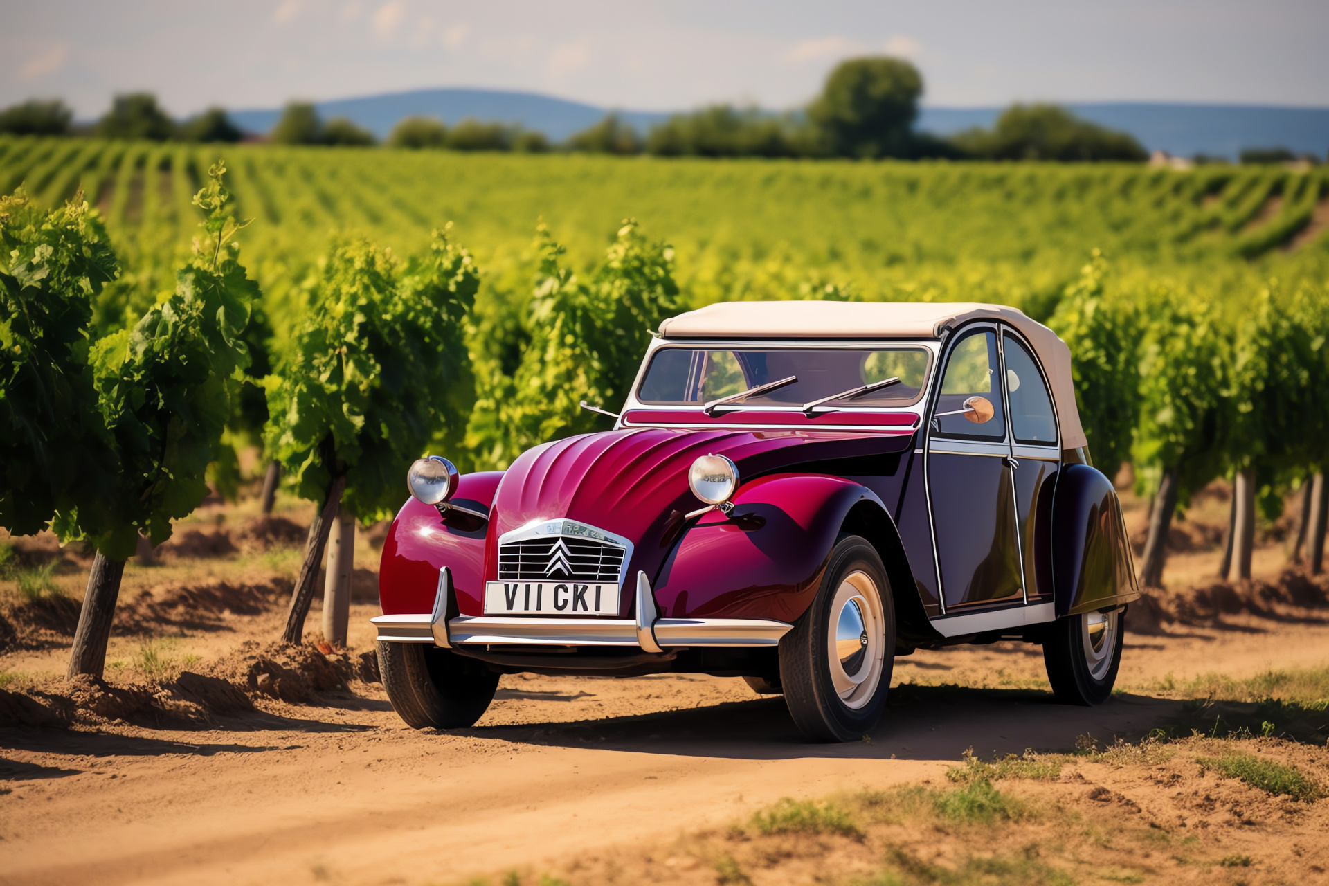 French Citron 2CV model, Bordeaux convertible top, Rustic vineyard setting, Historic French auto, Scenic chteaux, HD Desktop Wallpaper