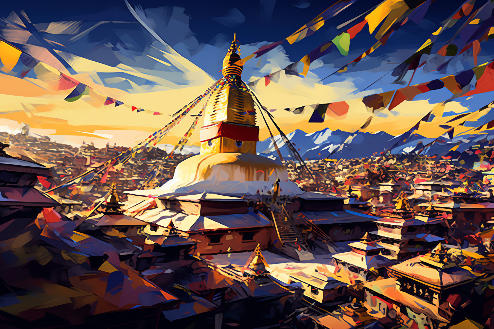 Boudha district view, Iconic Boudhanath Stupa from afar, Spiritual symbols, Prayers flags, Kathmandu valley, HD Desktop Image