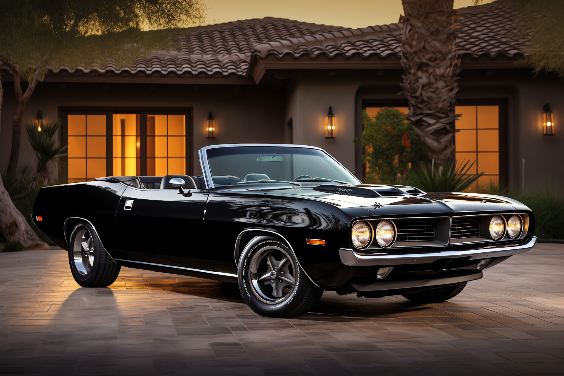 Plymouth Barracuda, Suburban setting, Muscle car legacy, Elegant design, Smooth finish, HD Desktop Image