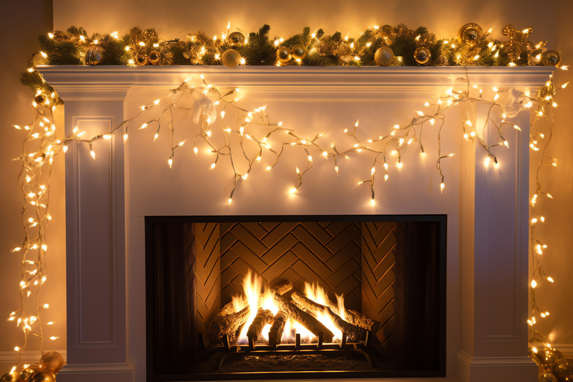 Yule fireplace adornment, gleaming white illumination, holiday mantelpiece sparkle, seasonal decorations, hanging stockings, HD Desktop Image