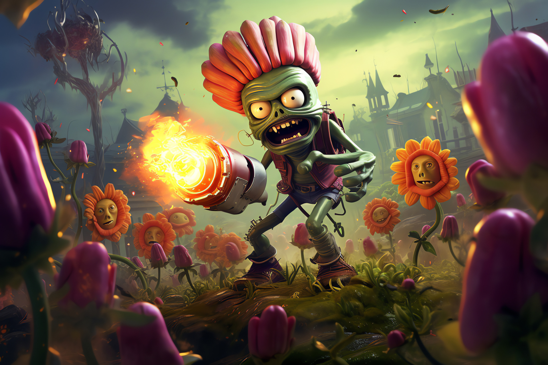 Peashooter character, Zomburbia setting, Explosive action, Undead assailants, Pvz Garden Warfare 2 action, HD Desktop Wallpaper