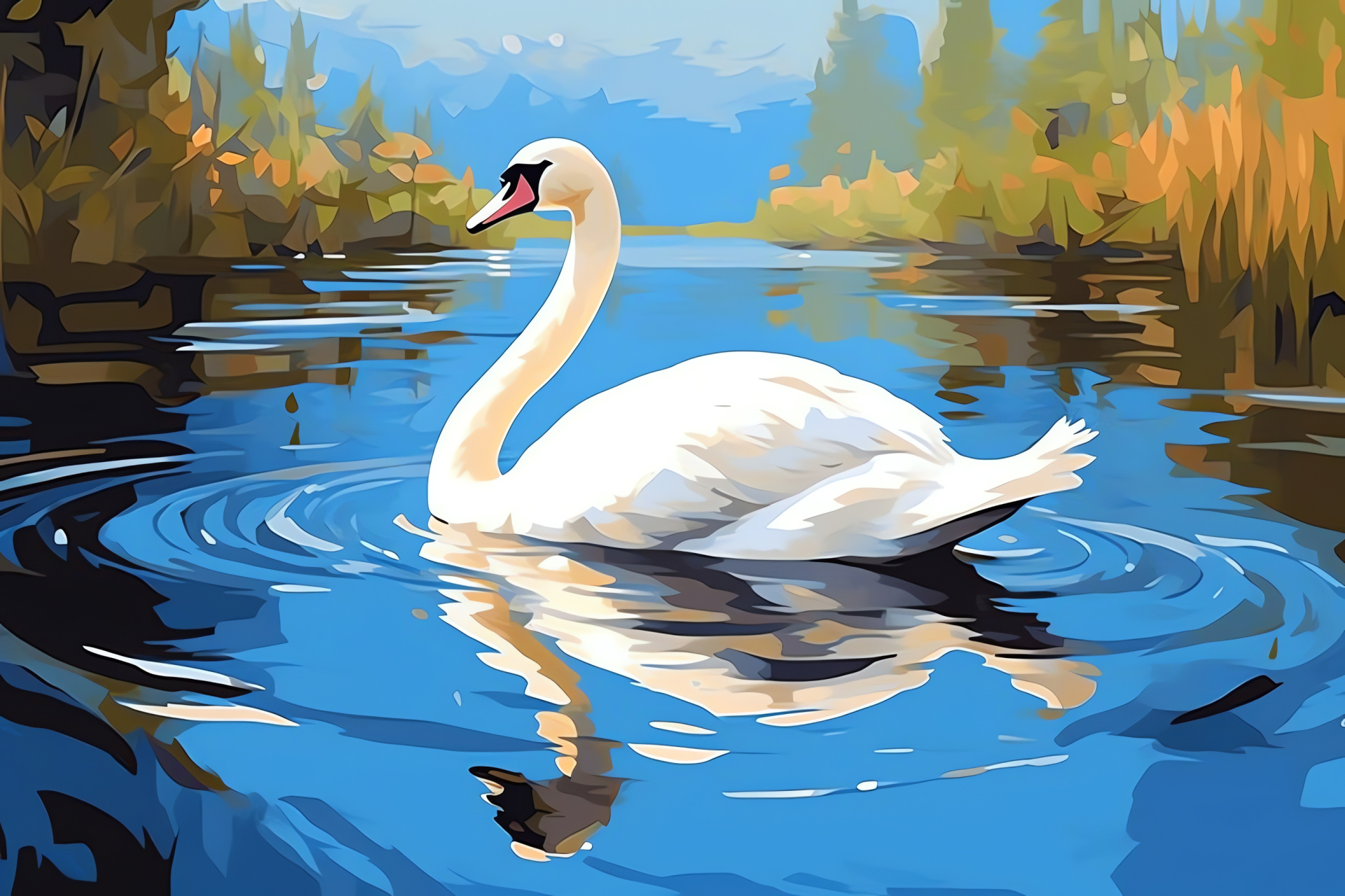 Trumpeter Swan, elongated neck, pure white plumage, serene aquatic setting, golden sunlight, HD Desktop Wallpaper