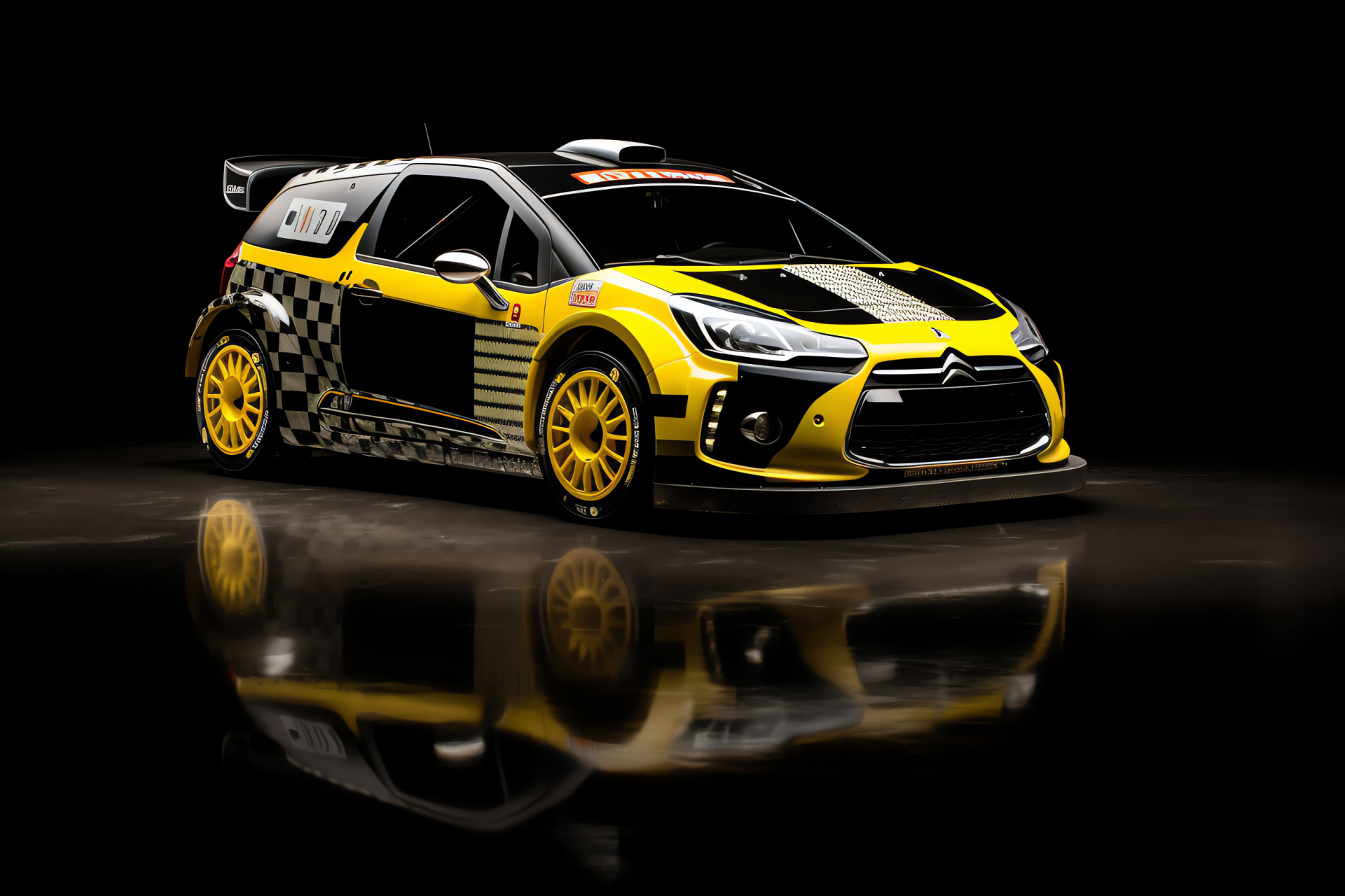 Citron DS3 WRC legend, rally automobile, black yellow contrast, dynamic racing posture, pure backdrop, HD Desktop Image