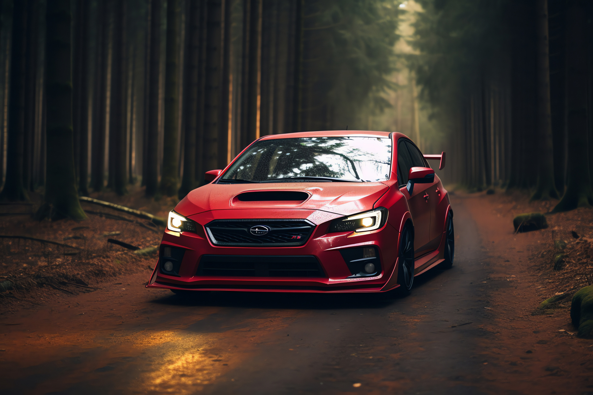 Subaru WRX STI Type RA, racing circuit, crimson vehicle surface, carbon wing element, gold-rimmed BBS wheels, HD Desktop Image