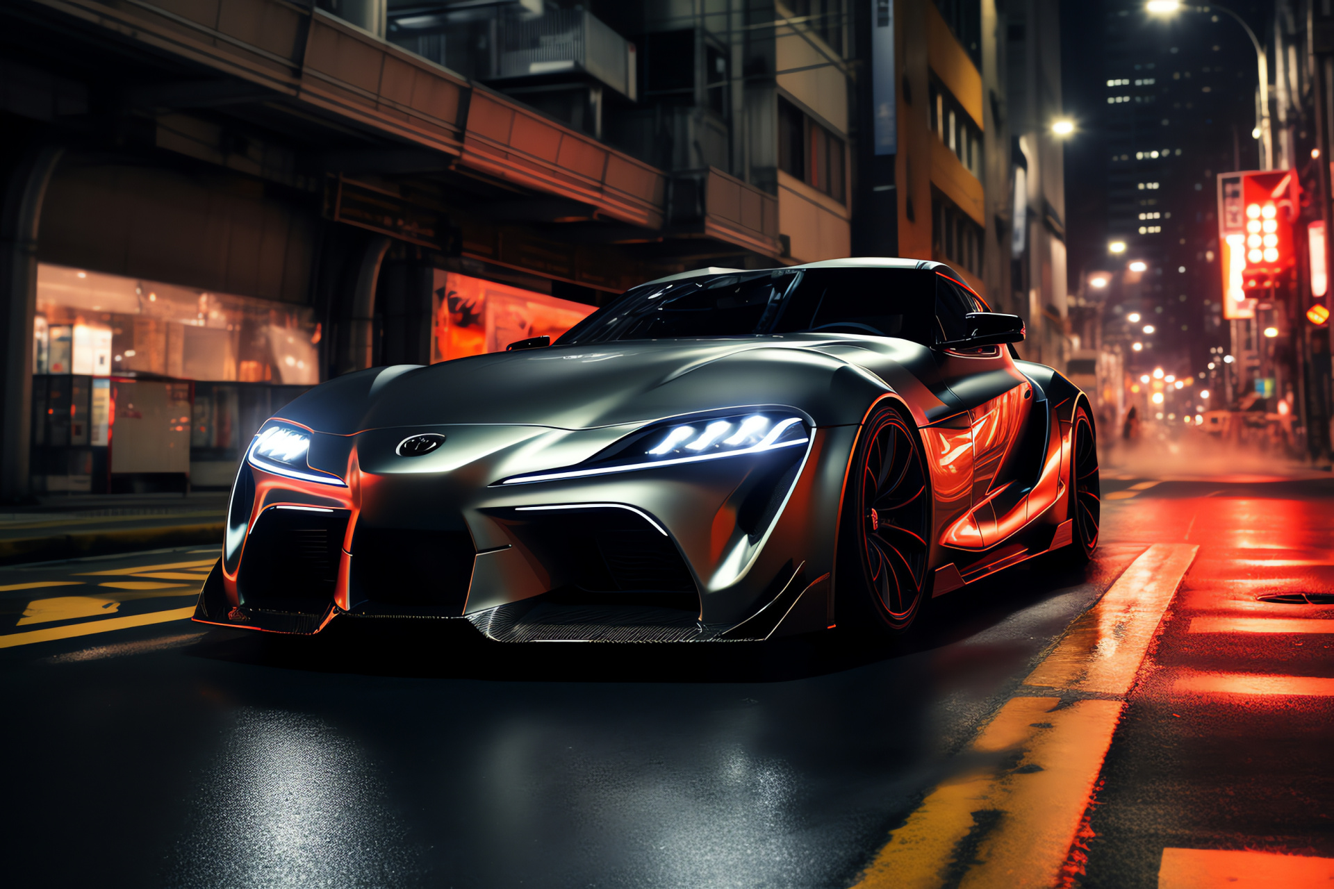 Toyota TRD Supra, Tokyo nightlife, Aerodynamics, Shibuya district, Architectural marvels, HD Desktop Image