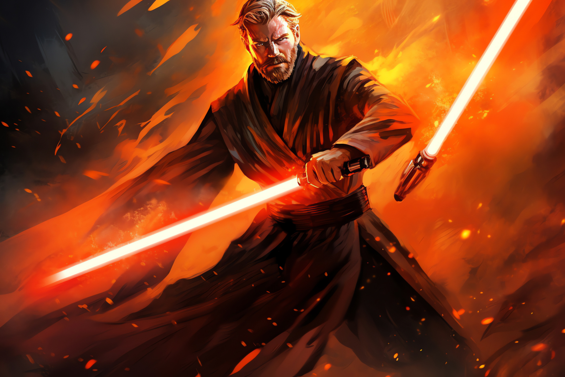 Science fiction epic, Obi Wan vs Darth Maul, Aggressive encounter, Intergalactic struggle, Volcanic landscape, HD Desktop Image