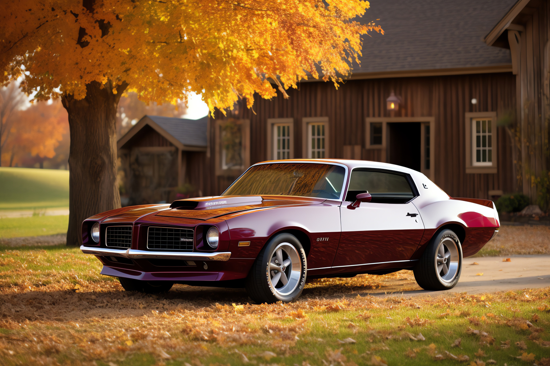 Pontiac Firebird Esprit, Classic car beauty, Rural scenery, Burgundy classic, Fall nostalgia, HD Desktop Image