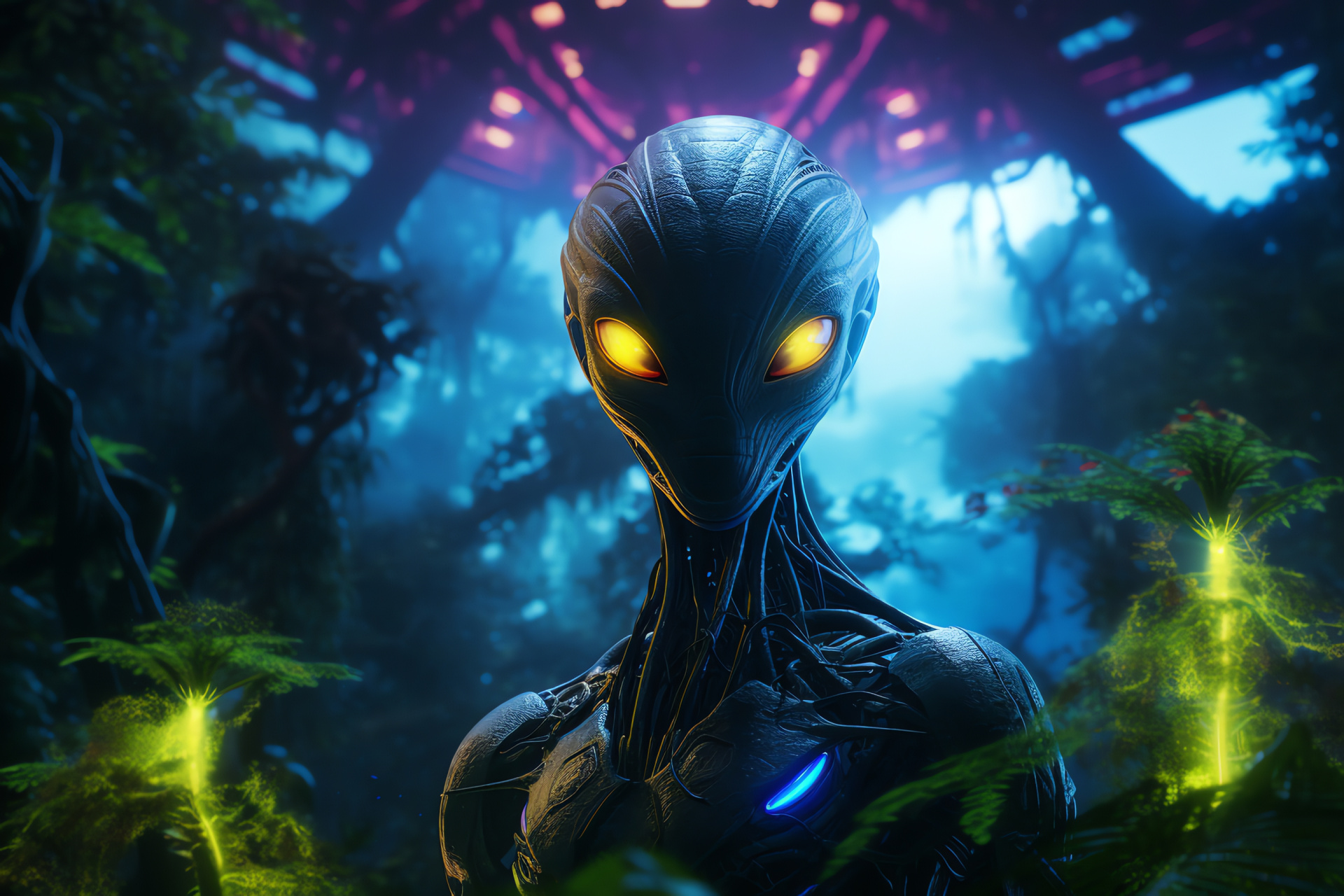 Exoplanetary wilderness, Alien habitat vibrancy, Exotic luminescent foliage, Mysterious extraterrestrial ecosystem, Alien arboreal wonders, HD Desktop Wallpaper