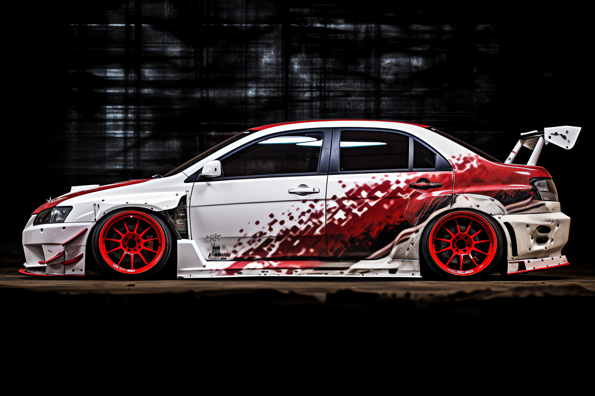 Mitsubishi Lancer Evolution, rally racing legend, high-contrast backdrop, performance upgrades, red-white duo, HD Desktop Image