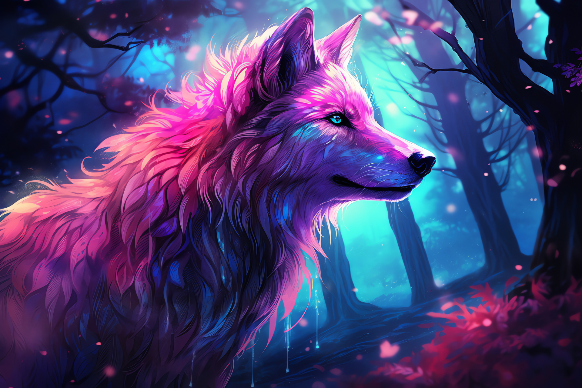 Majestic Pink Wolf, Lilac eyes, Soft pink fur, Enchanted woodland, Neon moonlit ambiance, HD Desktop Wallpaper