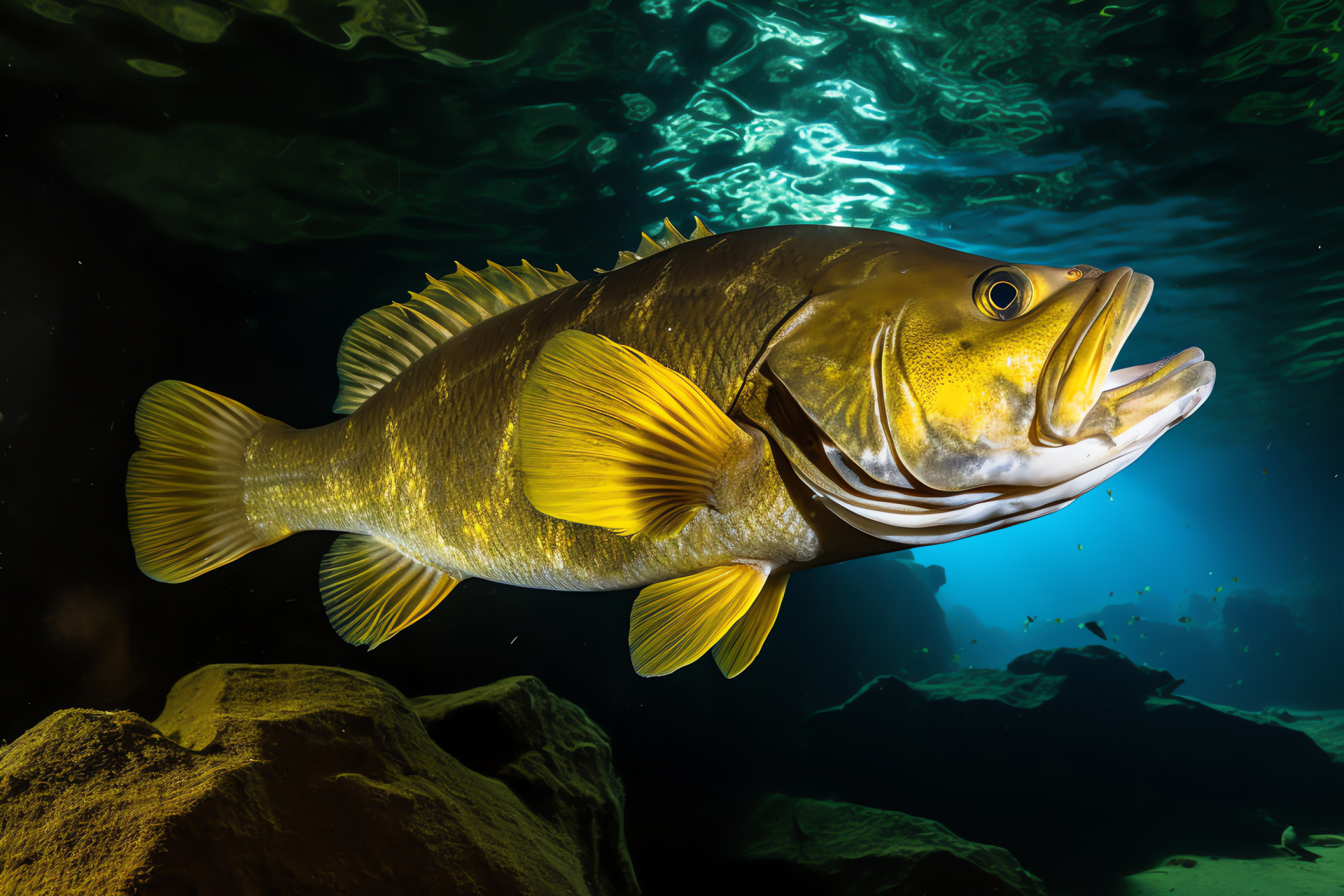 Bio-luminescent Smallmouth Bass, freshwater species, dark water hunter, nocturnal fish, marine bioluminescence, HD Desktop Image