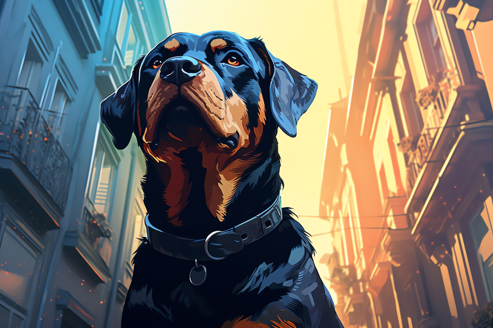 Watchful Rottweiler, Alert canine companion, Guardian breed assurance, Fur black with distinctive tan, Bold protective stance, HD Desktop Image