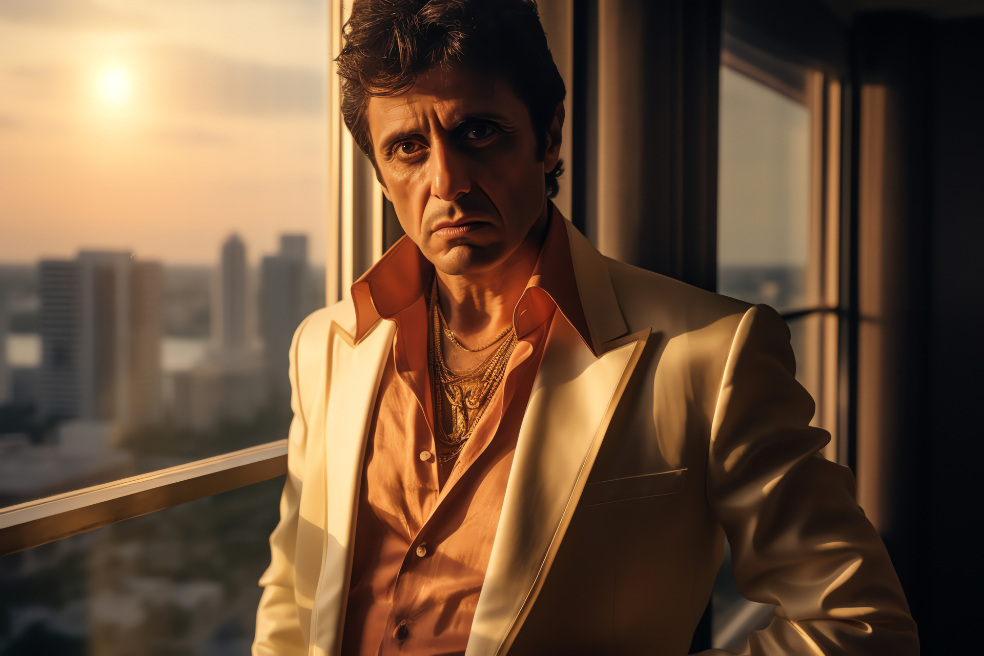 Tony Montana penthouse, Miami skyline, Crime lord abode, Scarface setting, Luxe living space, HD Desktop Wallpaper