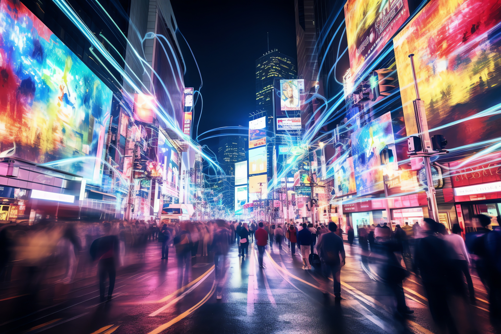 Urban New Year panorama, High-rise lights spectacle, Buzzing city movement, Downtown vibrancy, HD Desktop Wallpaper