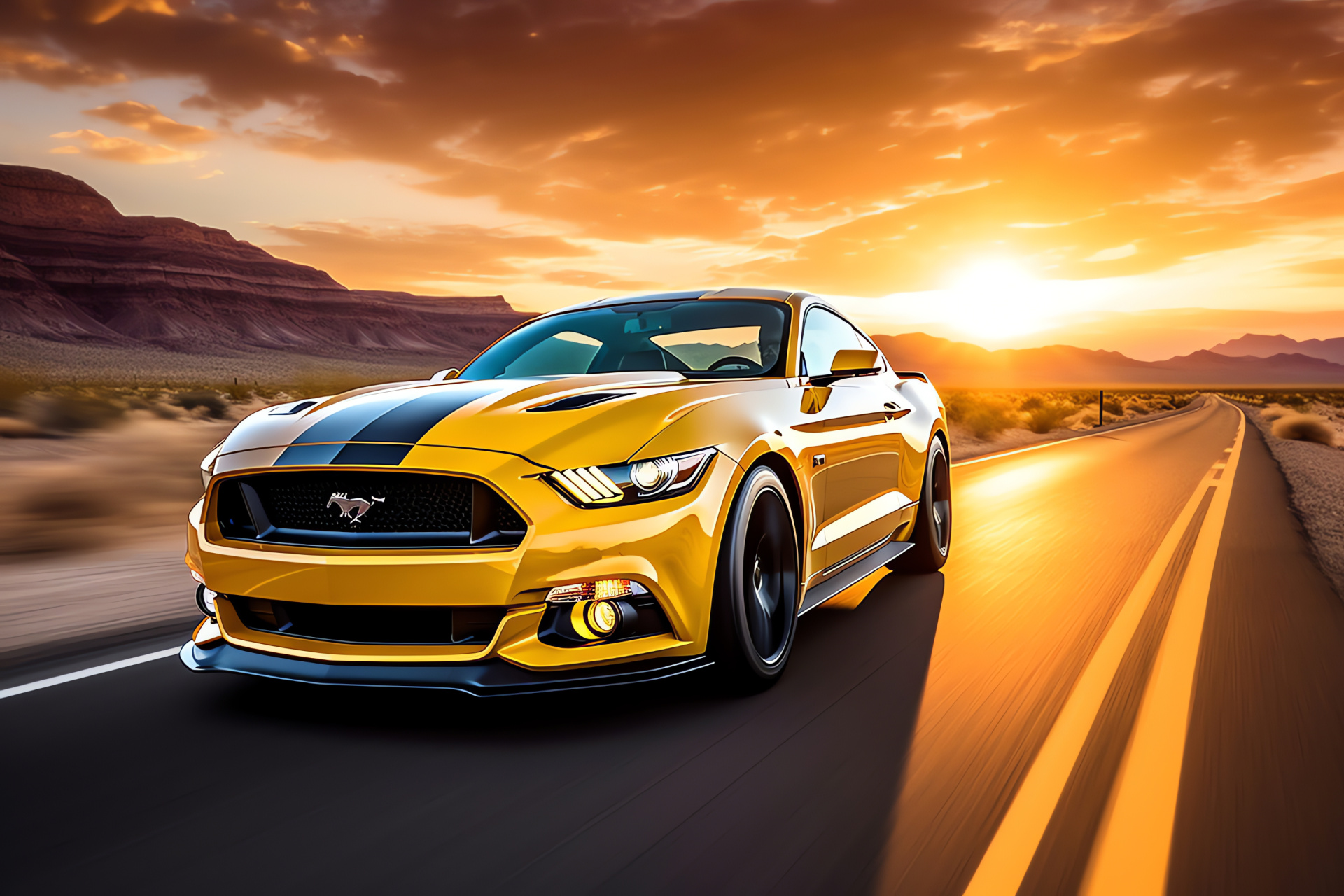 Ford Mustang, Mythic Route 66, American performance auto, Dessert backdrop, Twinkling dusk, HD Desktop Wallpaper