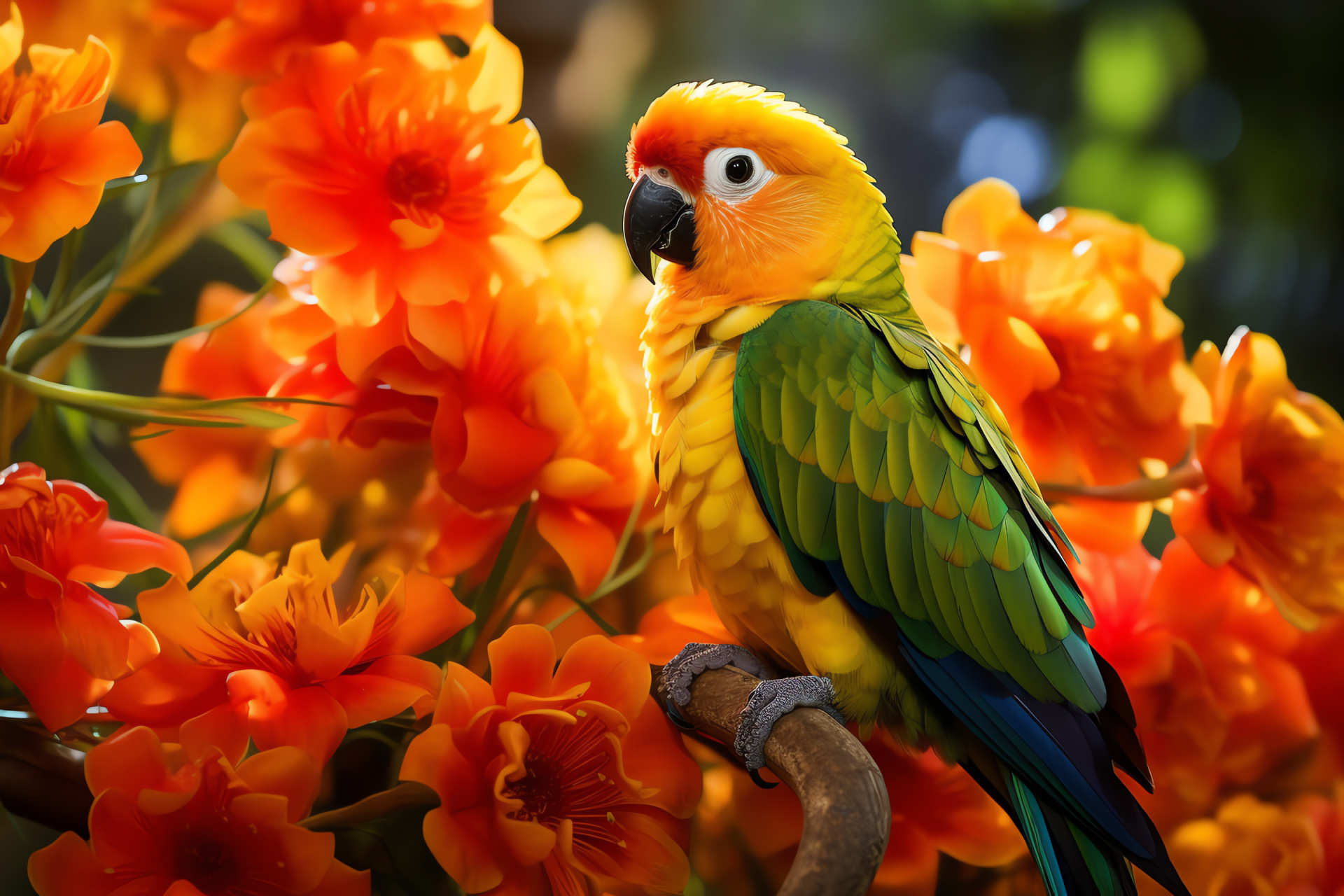 Parrot, Sun Conure, tropical bird, vibrant plumage, garden fauna, HD Desktop Image