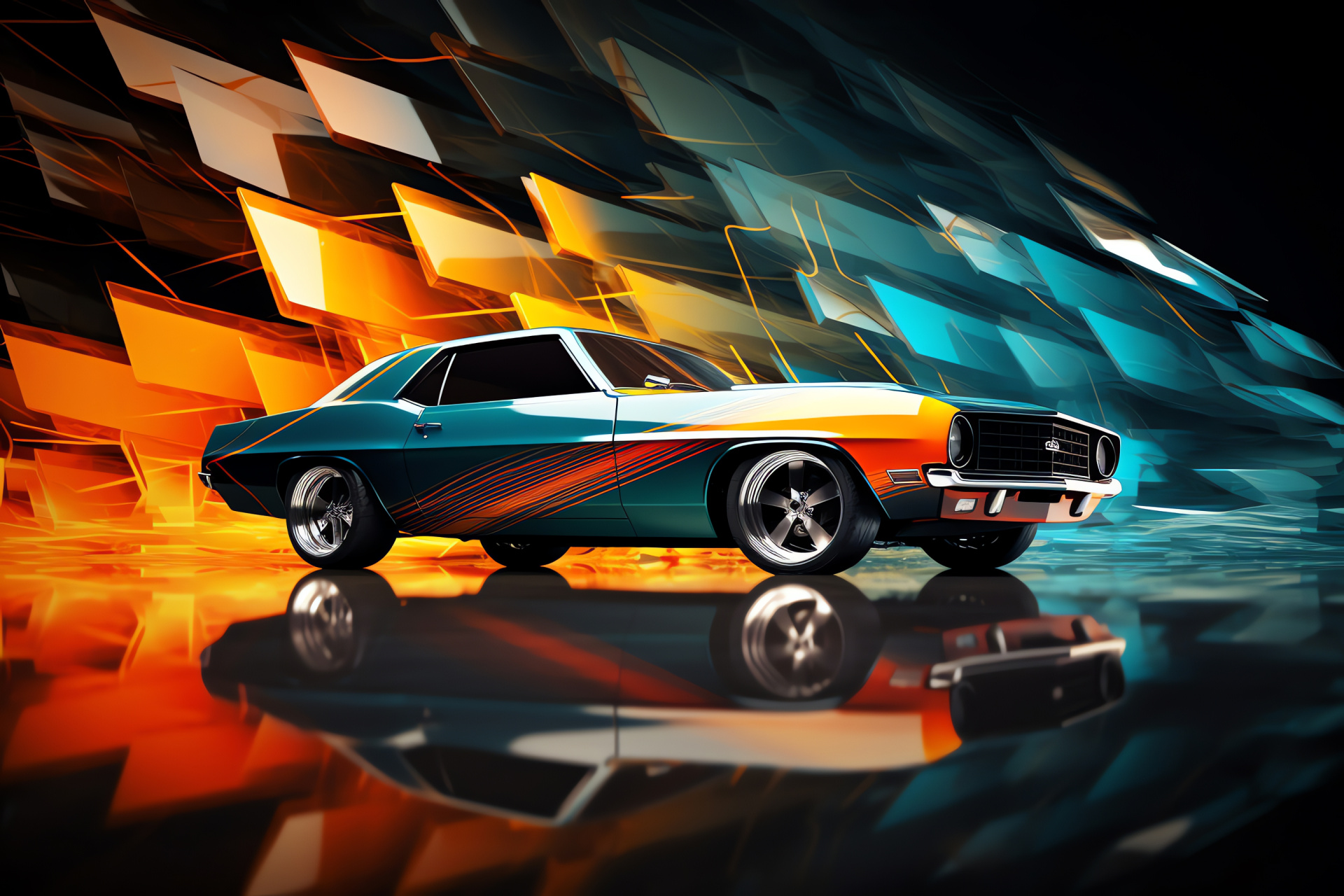 Muscle car action, Precision drifting scene, Reflective surface art, Geometric background style, American car culture, HD Desktop Image