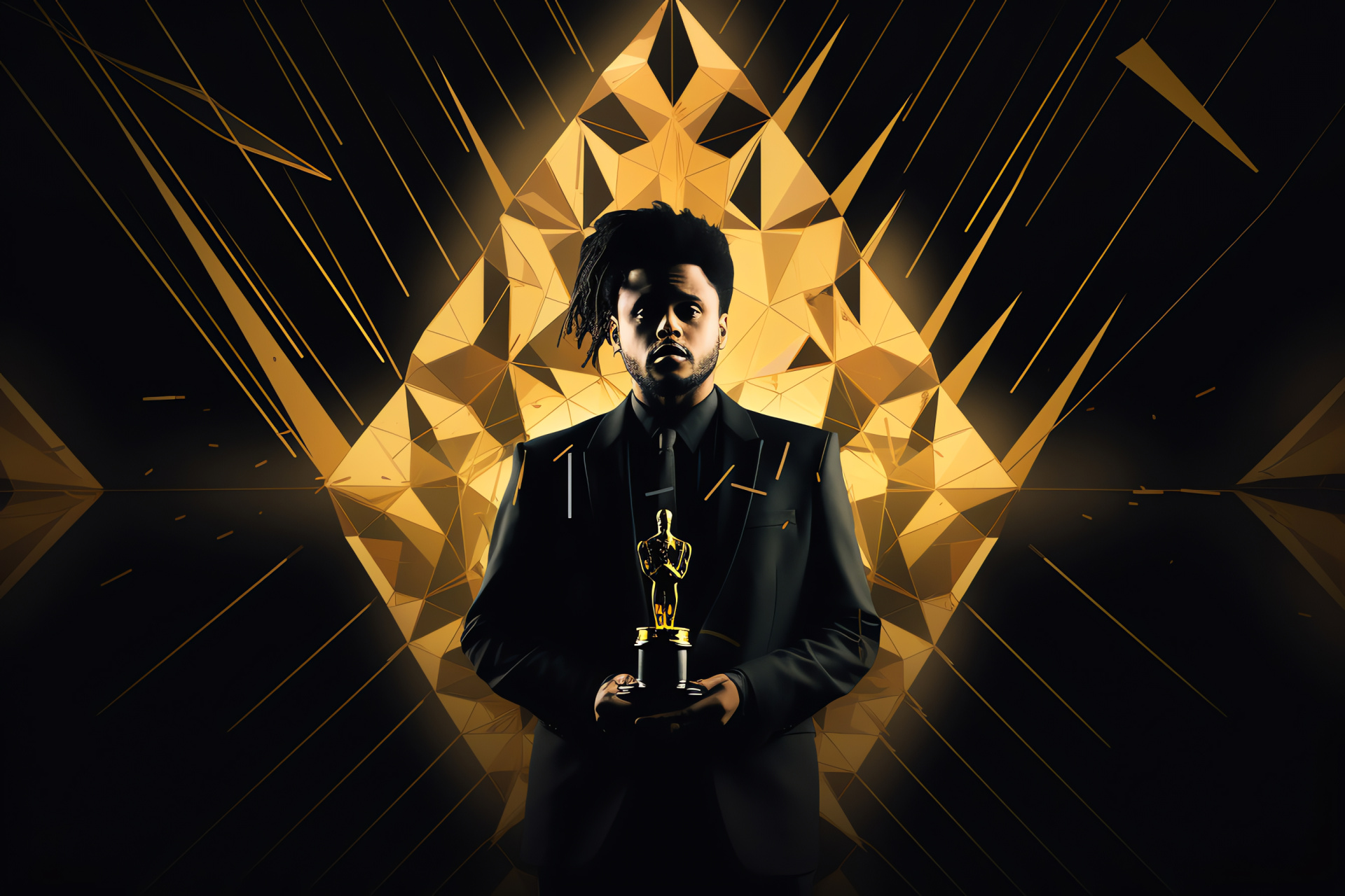 The Weeknd's stoic expression, classic black suit, coveted golden trophy in hand, intriguing visual glitch effects, HD Desktop Wallpaper