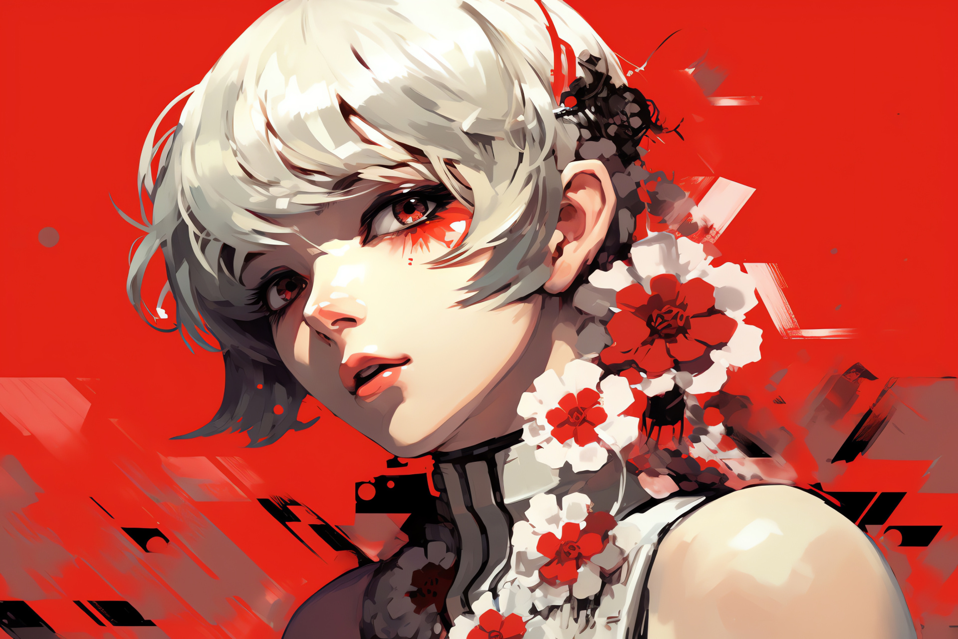 Persona 3 protagonist Aigis, Platinous tresses, Resolute expression, Perennial bloom, Scarlet canvas, HD Desktop Image