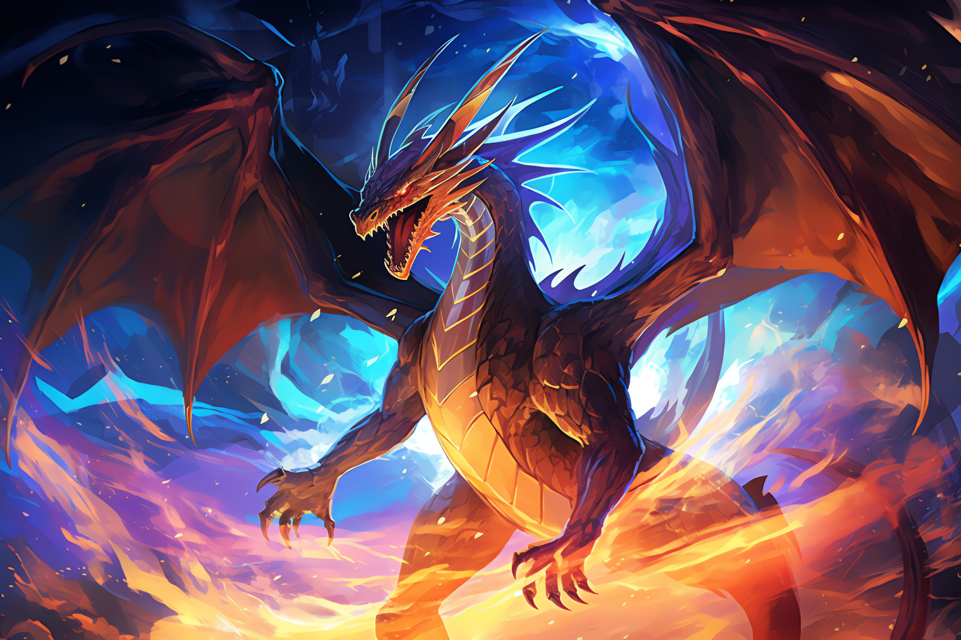 Pokemon Mega Charizard, Flame-like scales, Sapphire ocular feature, Wingspan display, Stare intensity, HD Desktop Image