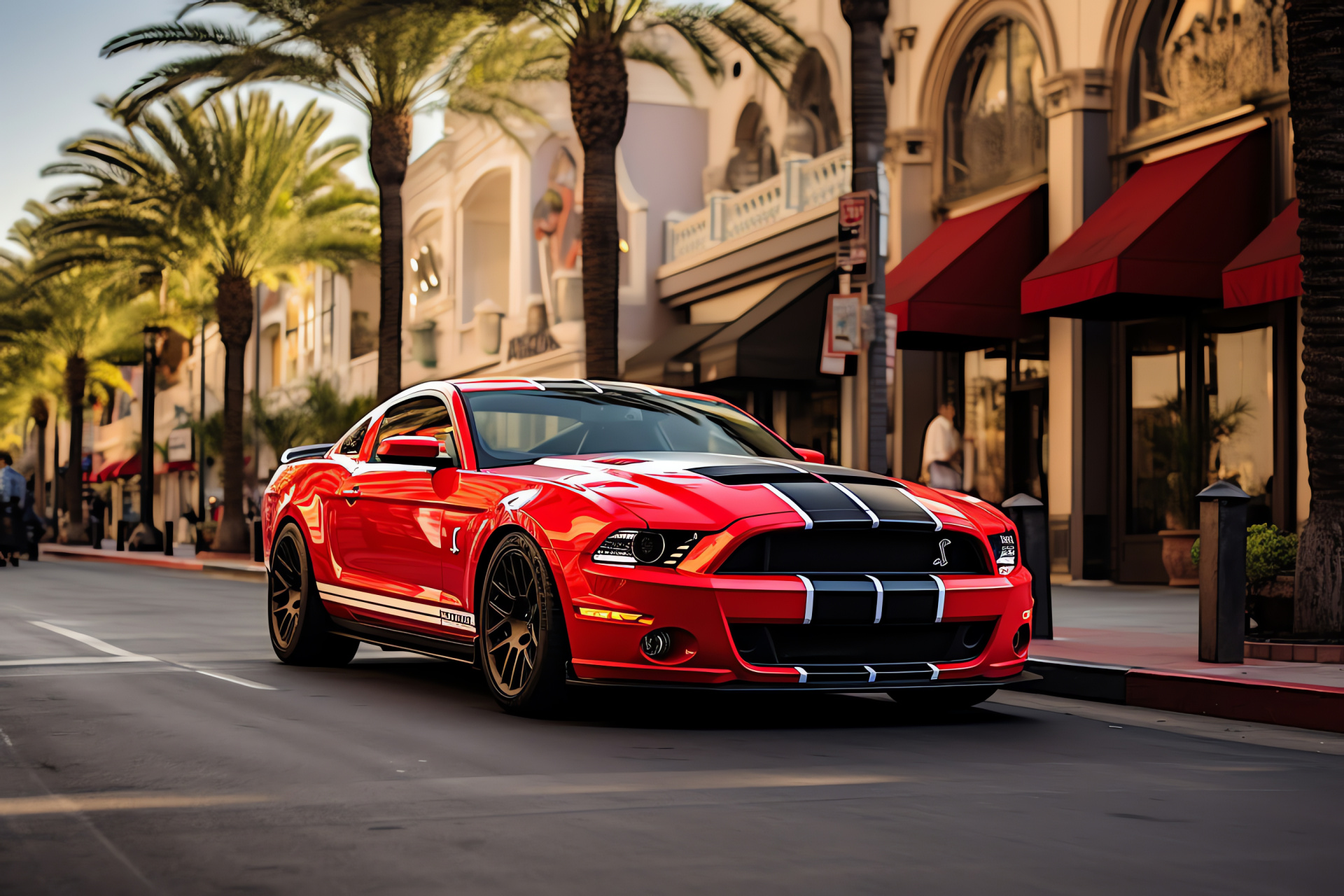Ford Mustang Shelby GT500, LA urban vibe, aggressive car contours, performance-enhanced design, iconic racing bands, HD Desktop Wallpaper
