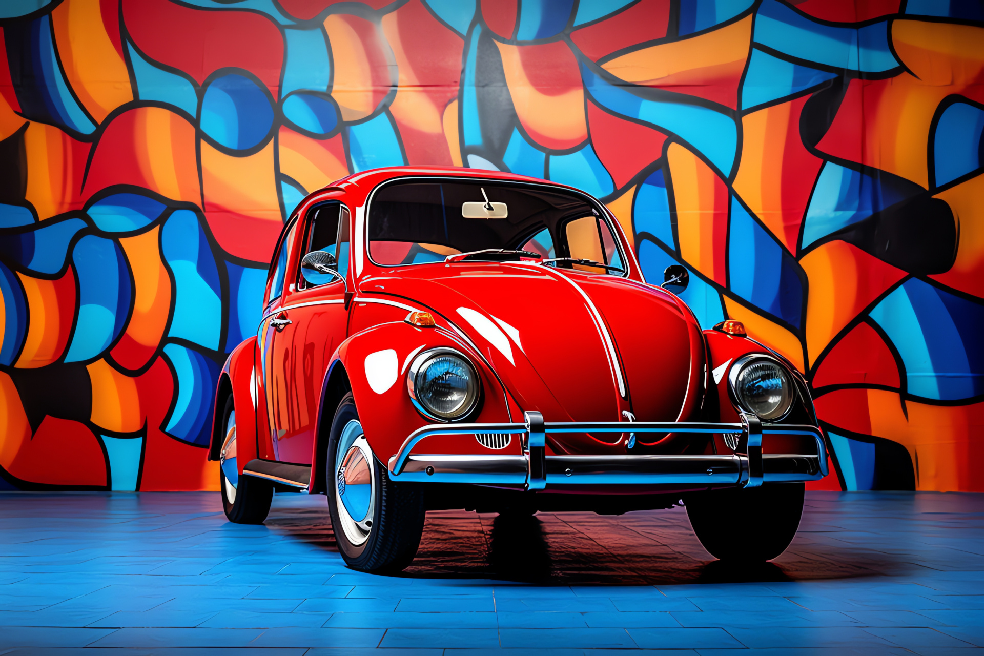 Volkswagen Beetle, High perspective angle, Tri-color setting background, Glossy red vehicle, Vintage car charm, HD Desktop Image