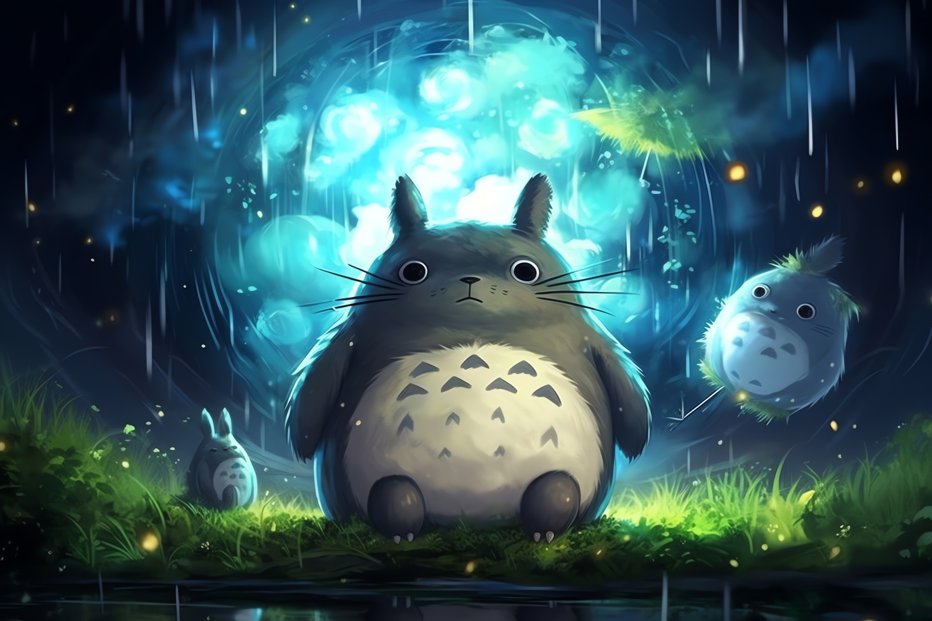 Totoro landscape, Star-gazing characters, Magical night artwork, Celestial illumination, Sibling adventure, HD Desktop Wallpaper