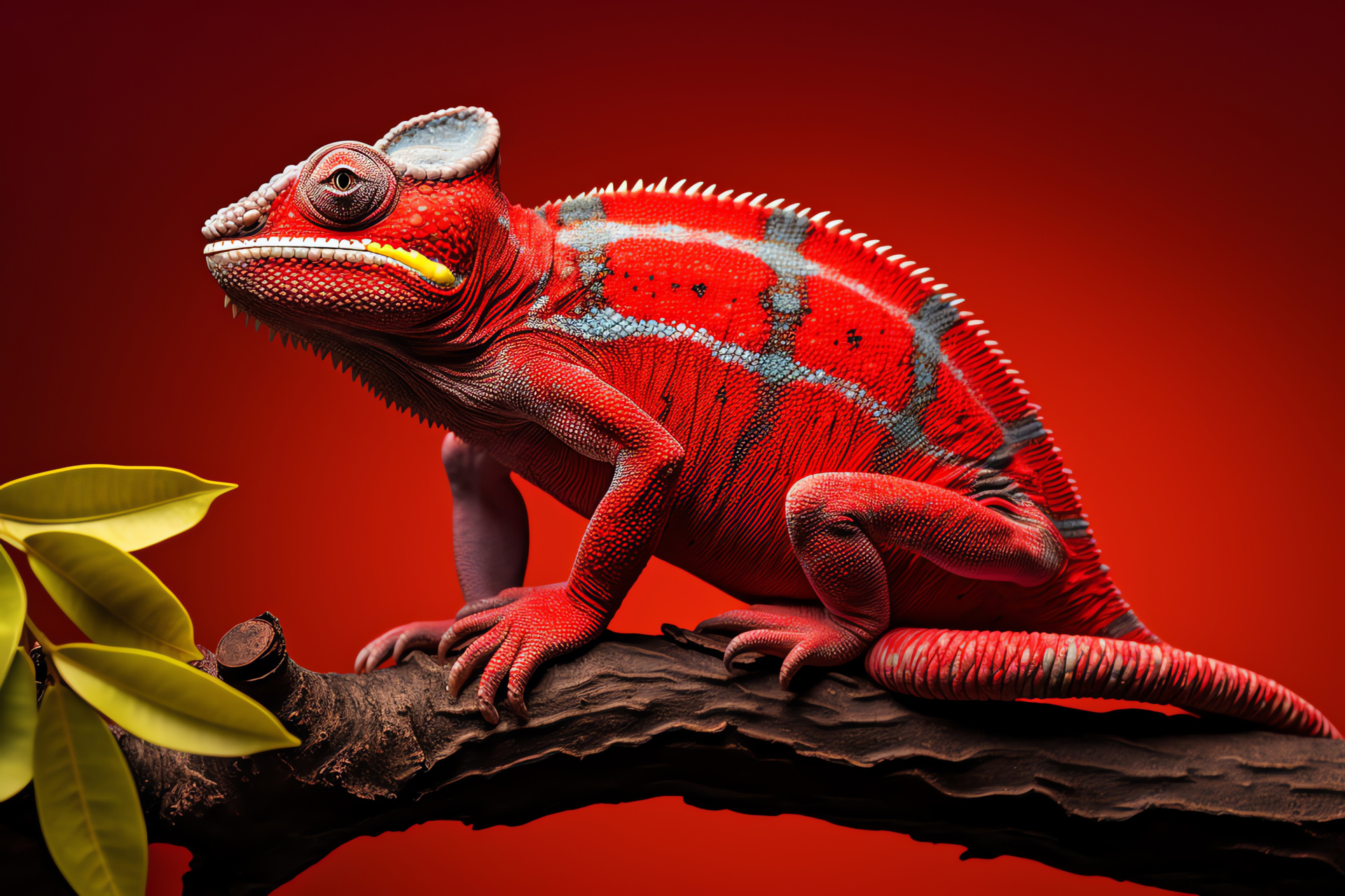 Chameleon perch, color-shifting reptile, vibrant spectrum, red environmental contrast, HD Desktop Image