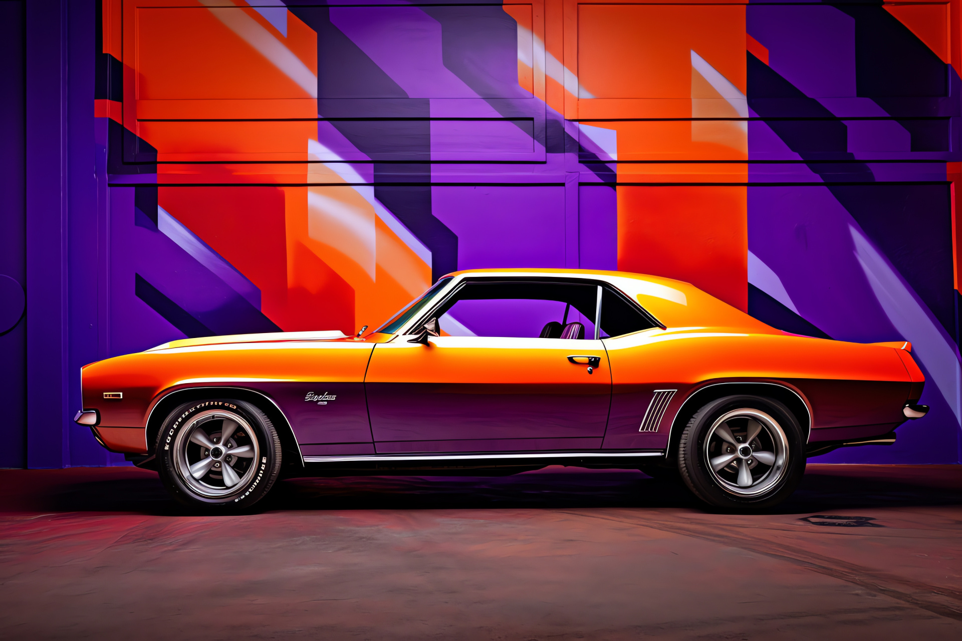 Vintage Chevrolet Camaro Z28 1969, Muscle car classic, Silver automobile, Orange and purple highlights, Triple-color scheme, HD Desktop Image