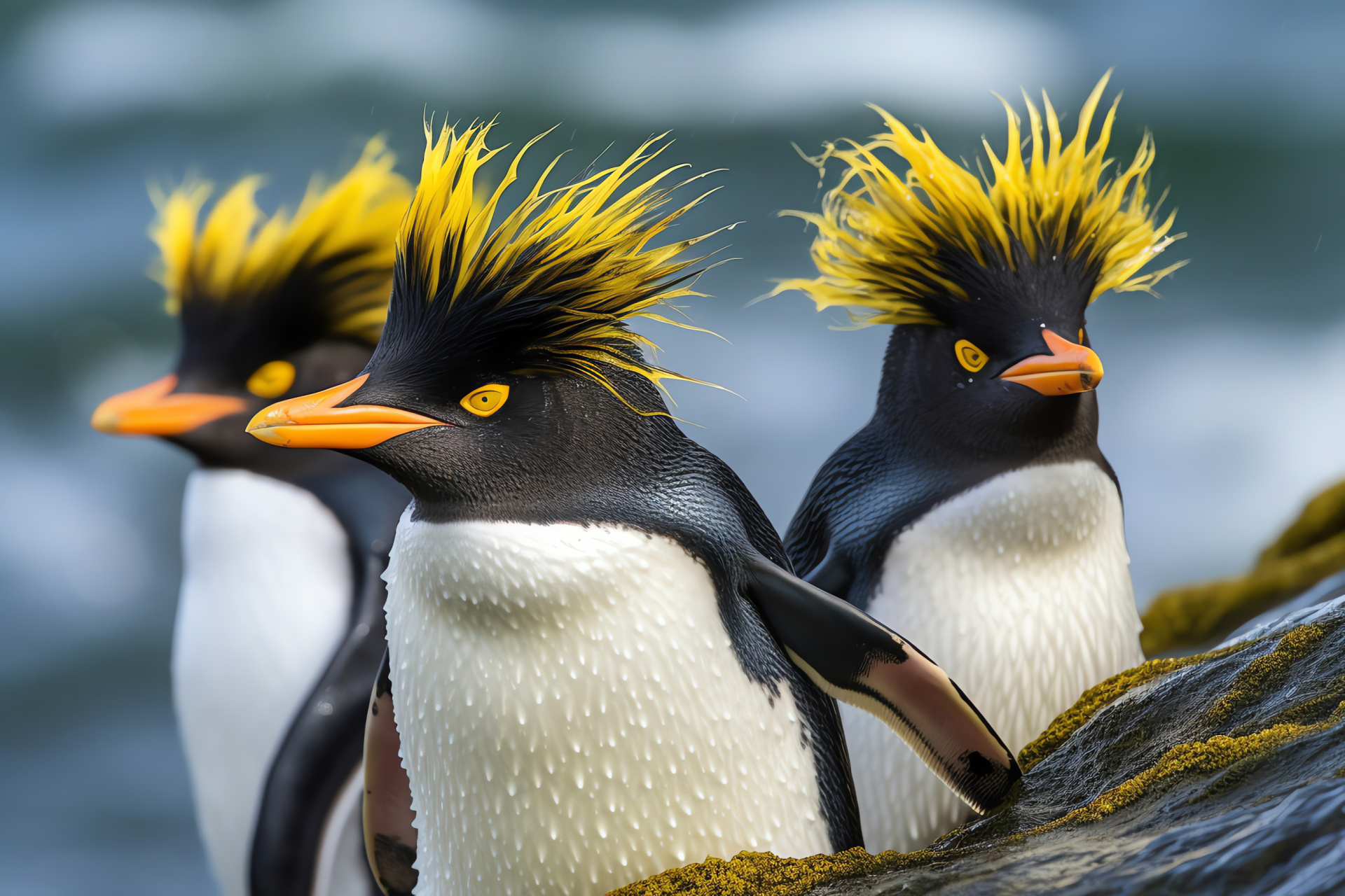 Rockhopper penguin, Seabird with crests, Penguin action scene, Coastal Falkland habitat, Cliff dwelling bird, HD Desktop Image