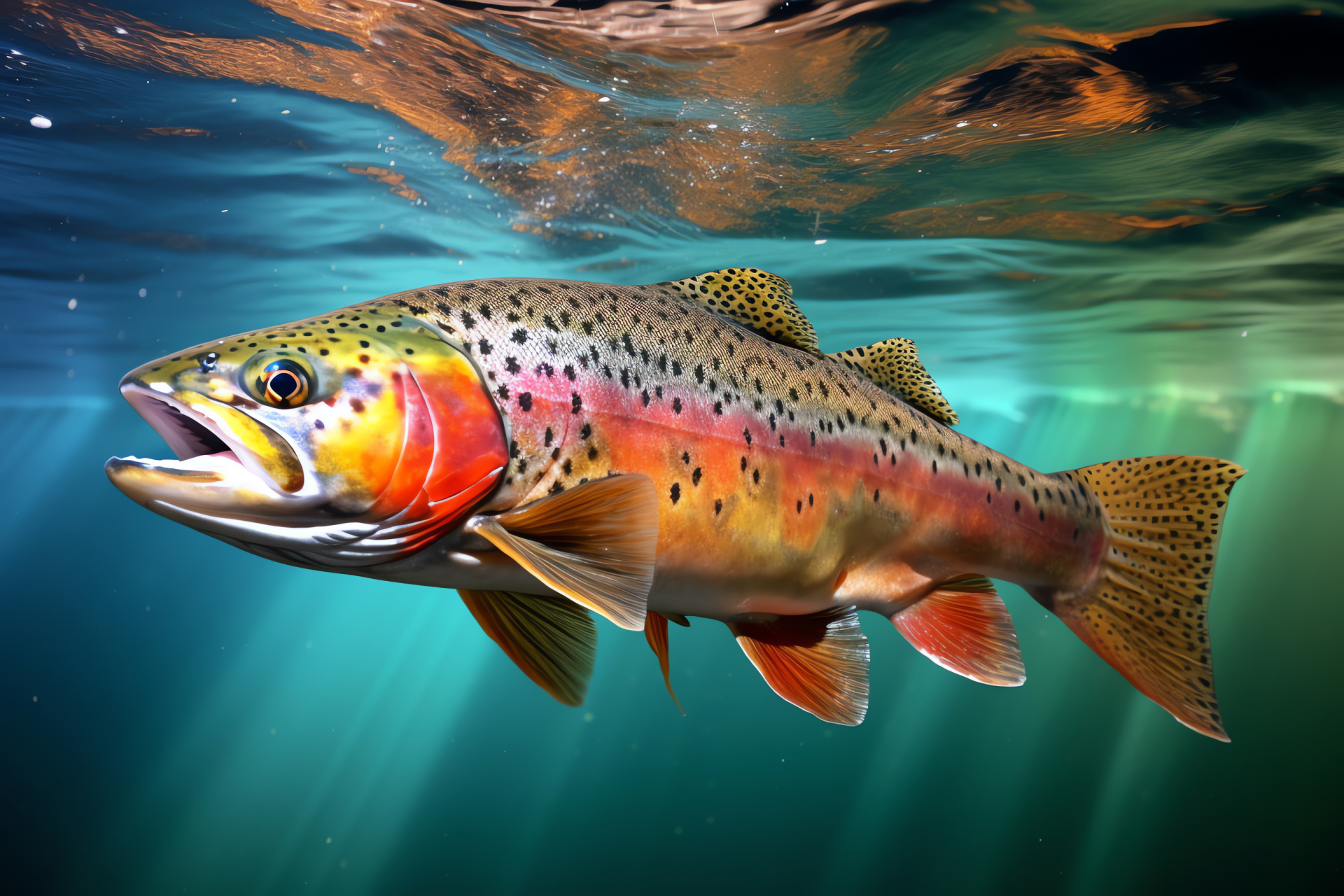 Trout species overview, Freshwater ecosystem inhabitant, Lively fish colors, Engaging triple-tone setting, HD Desktop Image