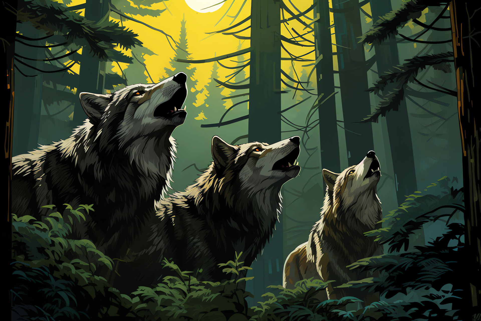 Alpha predators, Twilight howl, Silhouetted pack, Orb of night, Forest secrecy, HD Desktop Image