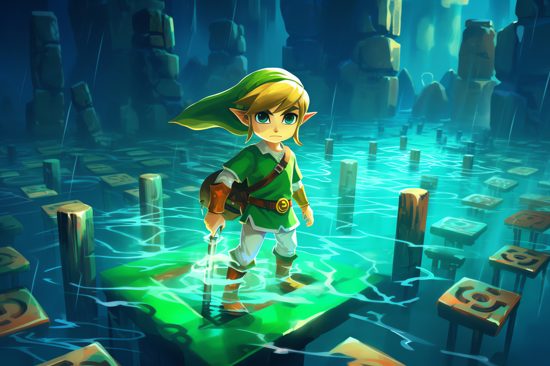 Toon Link, Wind Temple, Stylized fantasy, Aerial platforms, Game-level environment, HD Desktop Wallpaper