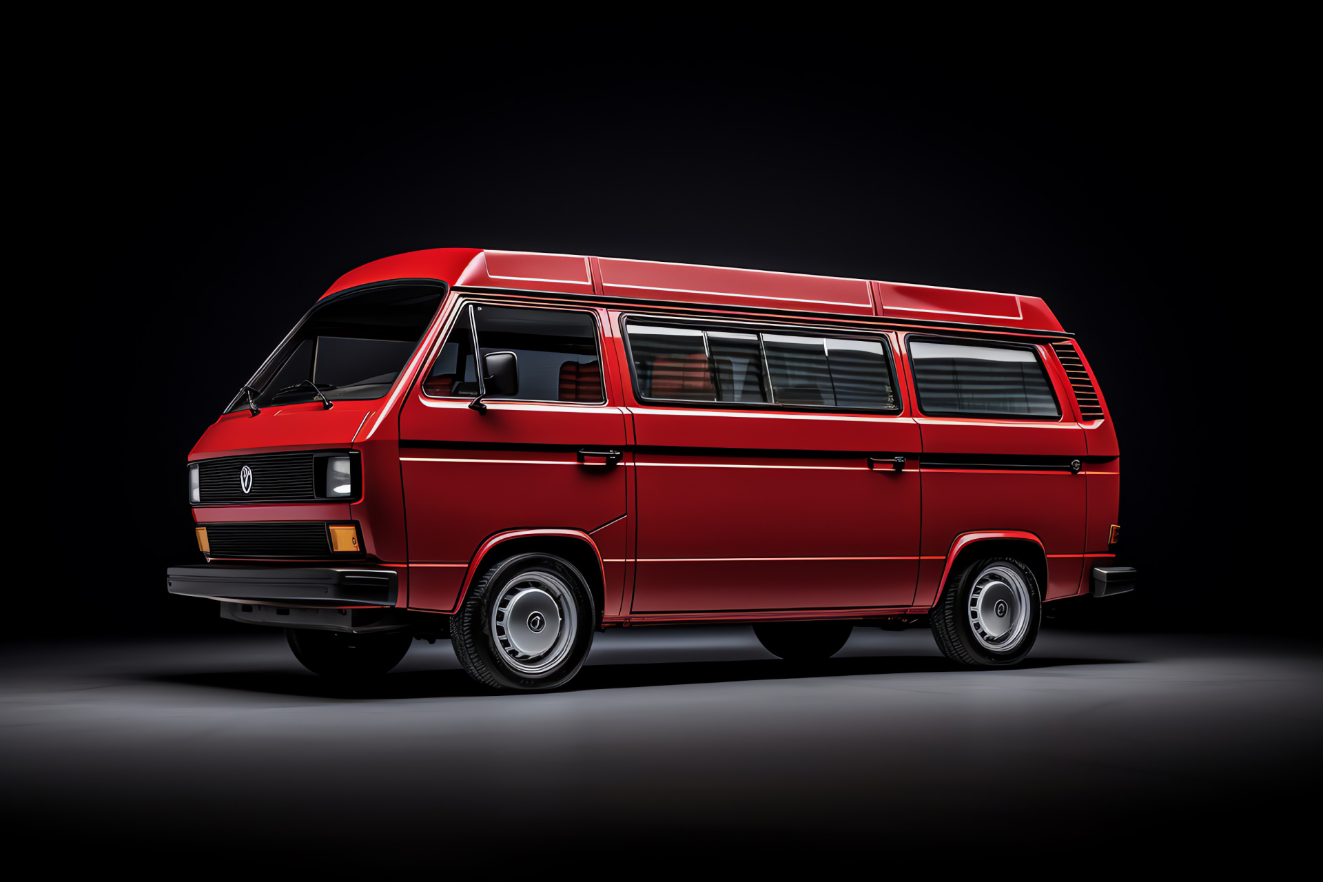 VW Bus model T3 Vanagon, lateral aspect, deep crimson vehicle shade, contrasting pure shade environment, HD Desktop Wallpaper