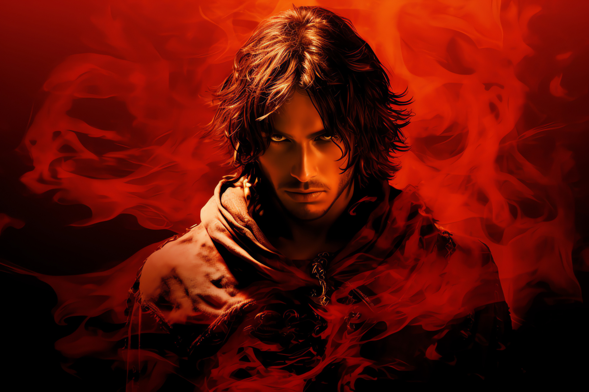 Pensive Prince of Persia, Reflective mood, Anticipation, Crimson backdrop, Emotional intensity, HD Desktop Image