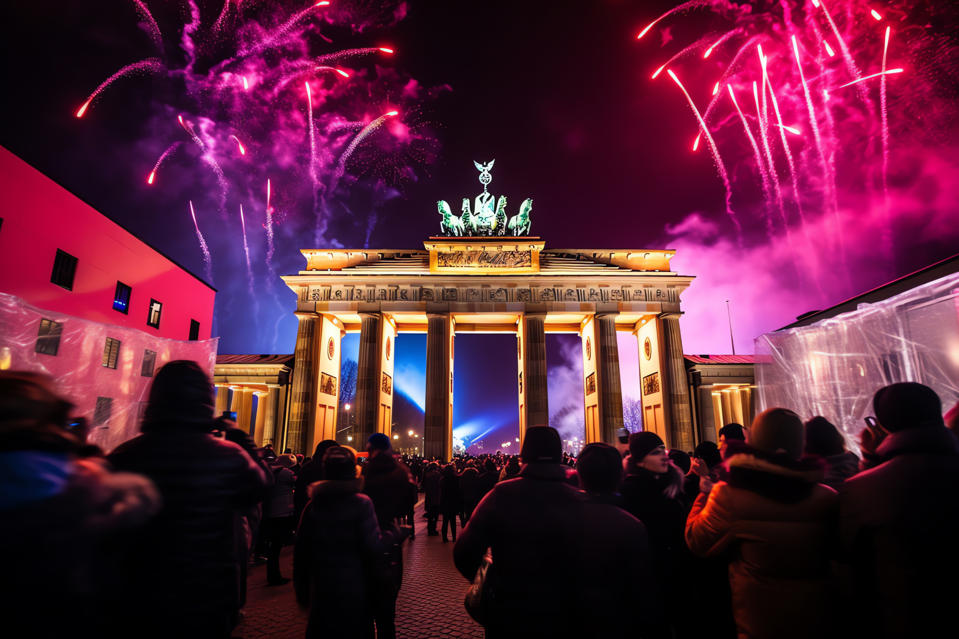 Berlin New Year, Brandenburg Gate, German celebrations, grand fireworks, festive gatherings, HD Desktop Image