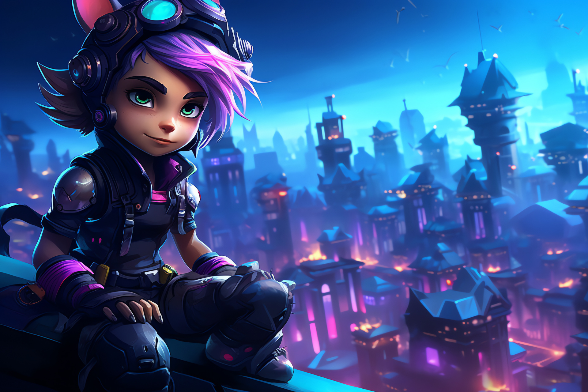 Tristana, Miniature markswoman, Advanced weaponry, Urban Future scenario, Neon-lit backdrop, HD Desktop Image