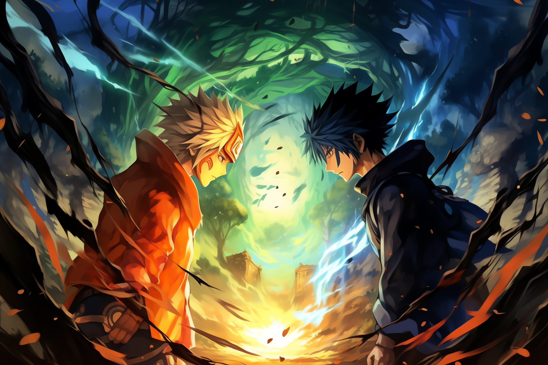 Epic battle, Uchiha rivalry, Sharingan Rasengan, Ninja encounter, Destiny fight, HD Desktop Wallpaper