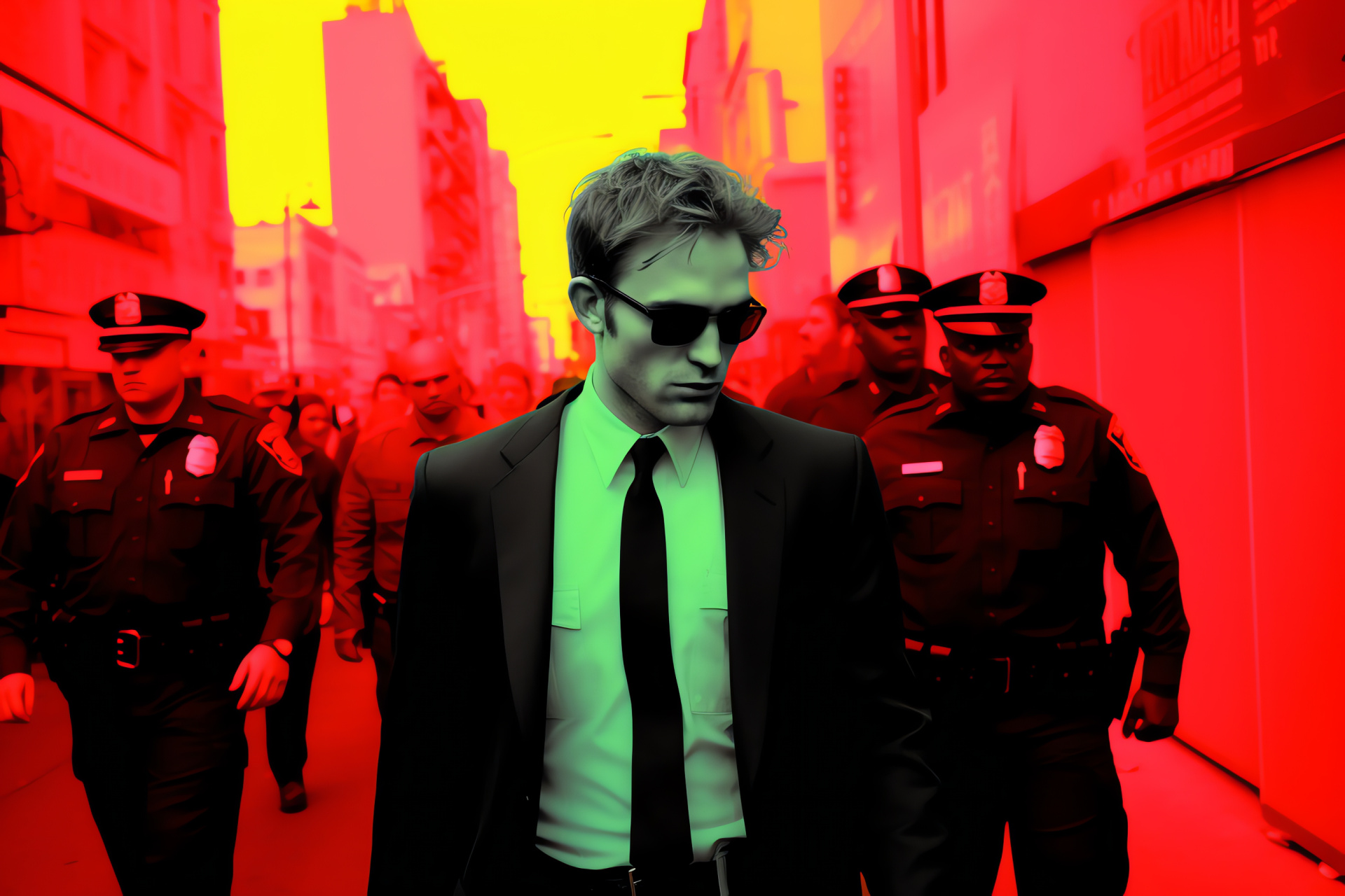 Robert Pattinson, urban environment, bodyguard presence, celebrity lifestyle, media attention, HD Desktop Image