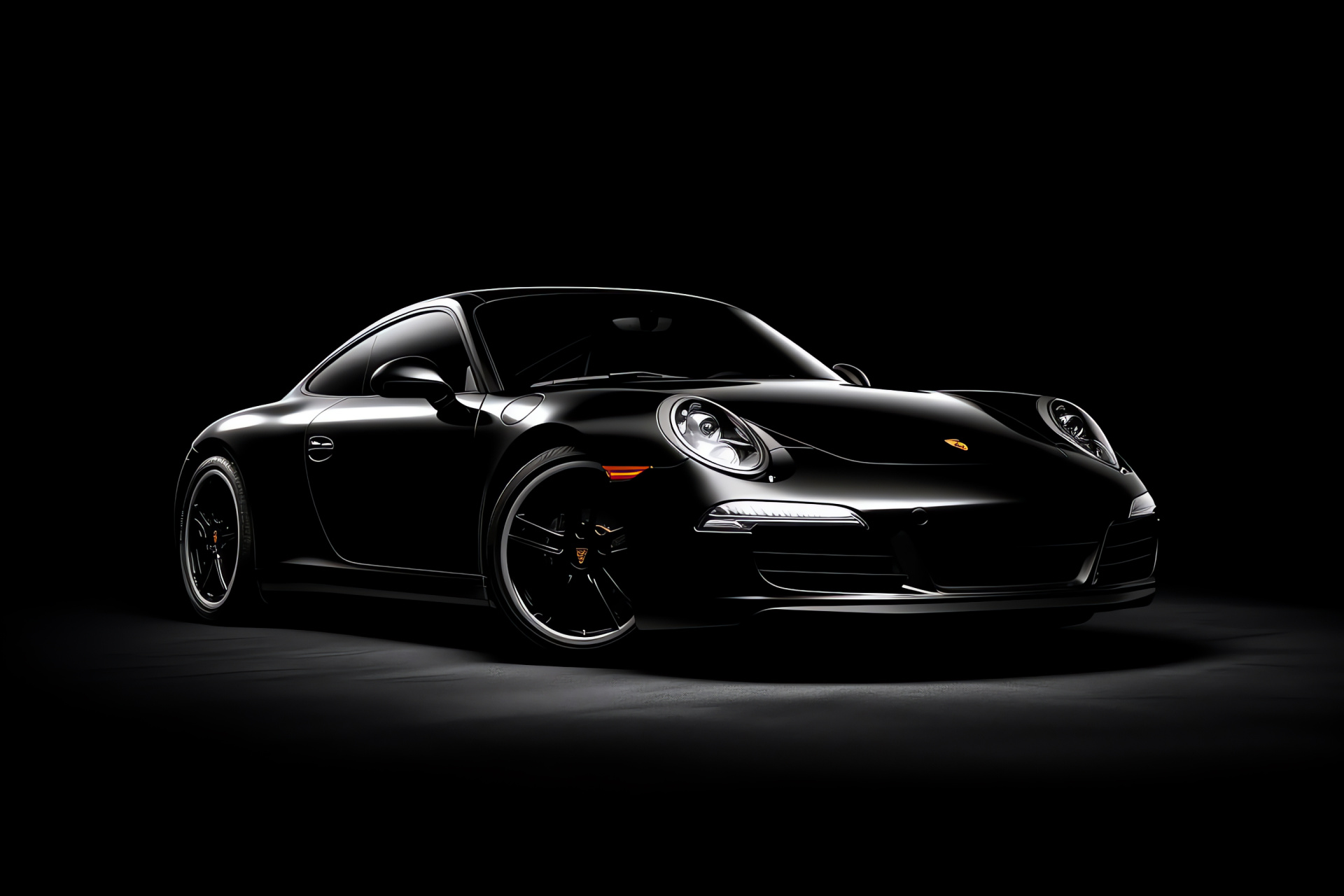 Porsche 911 automobile, Solid onyx background, Elevated angle capture, Distinct car contour, HD Desktop Wallpaper