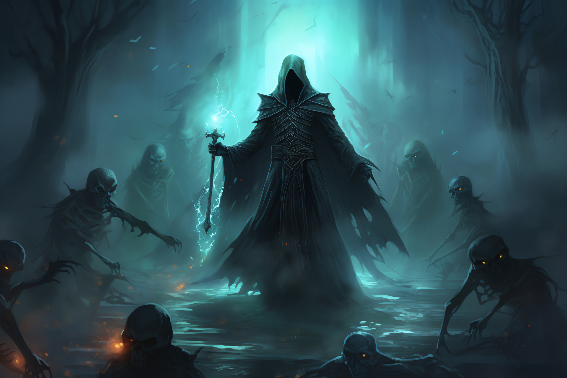 Necromancer archetype, Potent dark forces, Game of the undead, Dark figure cloaks, Enchanted staff, HD Desktop Image