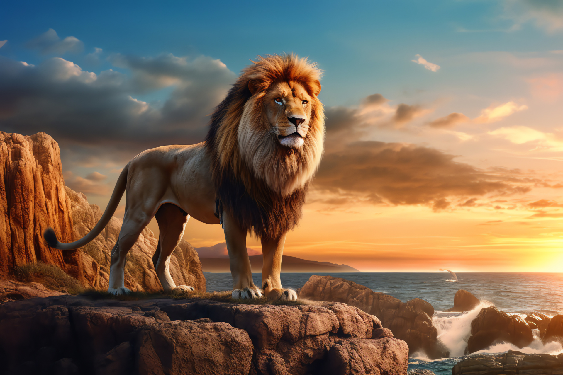 Great lion Aslan, Narnian king, Sea cliffs, Rushing waters, Epic tale adaptation, HD Desktop Wallpaper